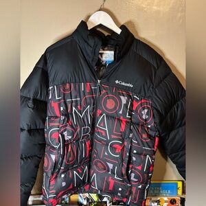 Columbia Black Puffer Jacket with Red and White Lettering